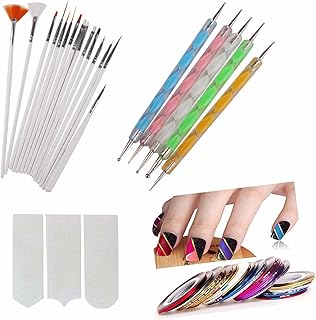 Nail Art Combo,Nail Art Pen Set of 5,15pc Nail Brush Set,10 pc Stripping Roll Tape And A French Manicure Nail Art Tip Sticker (White Silver)