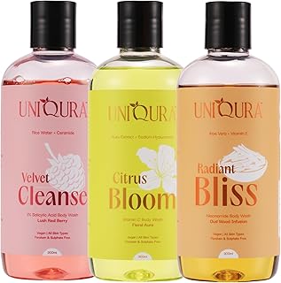Body Wash Combo Pack of 3 with Free Loofah | Vitamin C, Niacinamide Oud & Rice Water Salicylic | Exfoliating, Brightening & Moisturising Shower Gel Se