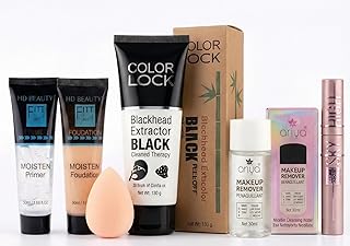 Professional 6-in-1 Makeup & Skincare Combo Kit: Includes HD Foundation, Gel Primer, Charcoal Blackhead Remover Mask (130g), Sky-High Mascara, Makeup