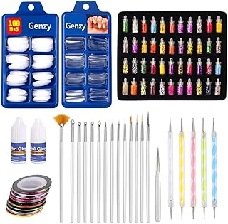 GENZY Professional Nail Art Kit Set (11-in-1) | 48 Pcs 3D Glitter Glass Bottles, 200 Artificial Nails (White & Transparent), 20 Nail Art Brushes, 5 Do