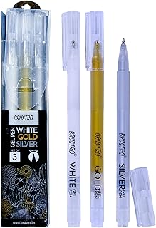 BRUSTRO Assorted Gel Pen (White, Gold and Silver)|1mm Metal Tip - Set of 3,Opaque and Viscous Ink|Ideal For Drawing,Writing,Highlighting,Doodling,Scra