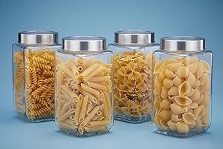JEXE Glass Jars 1000ml (Set of 4) | 1kg Square Airtight Kitchen Storage Containers – Perfect for Tea Coffee, Pulses, Rice, Flour
