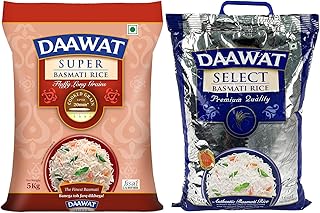 Daawat Traditional, Perfectly Aged Premium Basmati Rice with Rich Aroma, 5 Kg & Daawat Super, Perfectly Aged, Long Grain with Rich Aroma Basmati Rice,
