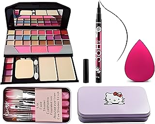 SHISHI Tya 6155 Multicolour Makeup Kit and 7 Pink Makeup Brushes Set, 36H Waterproof Eyeliner Pencil with Pink Beauty Blender - (Pack of 10)