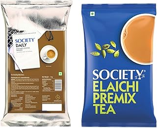 Society Instant Beverage Combo – One Minute Elaichi Tea 1kg Pouch, Cardamom Flavour + Daily Coffee Premix 1kg Pouch, Instant Coffee with Rich Aroma