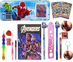 Neel Marvel Avenger Spider-Man Pencil Box Combo with Integrated Sharpener and Calculator, Magnetic Lock, Dual Compartments, with Kids Stationery Set S