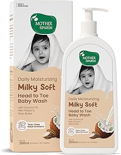 Mother Sparsh Milky Soft Head to Toe Baby Wash -200ml with Milk Protein & Shea Butter | Tear Free 2 in 1 Natural Body Wash & Shampoo for Babies