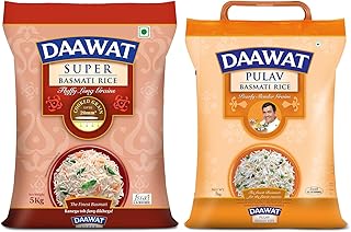 DAAWAT Super, Perfectly Aged, Long Grain With Rich Aroma Basmati Rice, 5 Kg & Pulav, Long Grains, Fluffy Basmati For Finest Pulav, 5 Kg