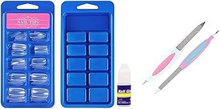 100 Transparent False Nails with Strong Glue & 2 Nail Filers – Clear Acrylic Press On Nails Kit for DIY Nail Extensions, Nail Art & Salon Finish SET O