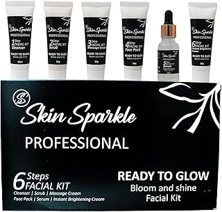 Skin Sparkle Professional 6-Step Facial Kit | Cleanser, Scrub, Massage Cream, Face Pack, Serum & Instant Brightening Cream | Deep Cleansing, Hydration