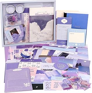 Meakwisht Purple Diary A6 Travel Book Scrapbook Set: Purple Plaid Notebook with 346-Piece Bullet Journal Accessories, Scrapbook Stickers Accessory Set