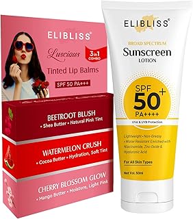 Elibliss All in One Face and Lip Care Combo | Broad Spectrum Sunscreen Lotion SPF 50+ PA++++ 50ml | 3 in 1 Tinted Lip Balm Set with Beetroot Blush, Wa