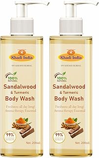 Khadi 100% Pure Natural Herbal Sandal and Turmeric Herbal Body Wash, SLS and Paraben Free (PACK OF 2-400ml., Sandalwood & Turmeric)