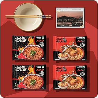Gimi Michi | Experience Box | 2X Korean Kimchi Ramen + 2X Korean Spiiicy | Authentic Veg Seoul Style Noodles | Real Veggies, Bold and Fiery | Bowl & C