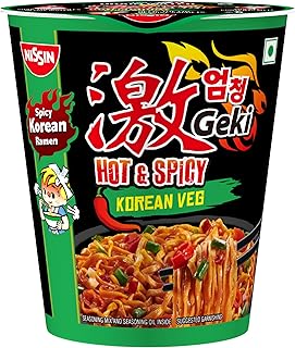 Geki Nissin Hot & Spicy Korean Veg Cup Noodles | Bold, Mouth-Watering Korean Flavor Ready in Just 5 Minutes, 70 Gm