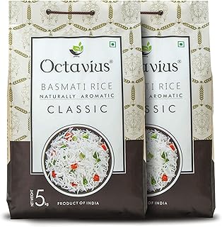 Octavius | Classic Basmati Rice 5kg (Pack of 2) | Extra Long Grain Basmati Rice | World's Longest Grain | Naturally Aged Basmati Rice | Biryani Specia