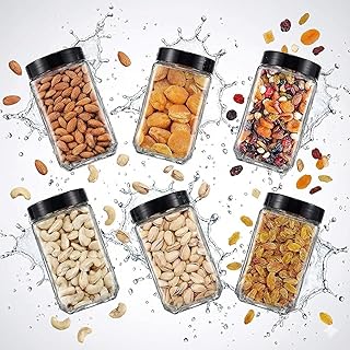 Square Glass Jar Set 1000ml Pack of 4 Airtight Black Lid Kitchen Storage Containers for Spices Dry Fruits Snacks Masala Sugar Dal Tea Coffee Transpare
