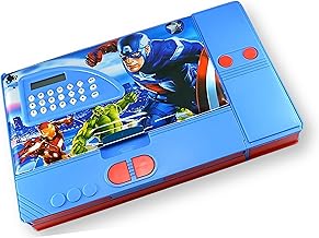 Cartoon Theme Magnetic Dual-Sided Jumbo Art Plastic Pencil Box with Calculator for Kids - Multipurpose and Spacious [Multicolor] (Red-Blue)