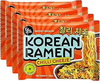 Yu Foodlabs Chilli Cheese Korean Ramen - Pack of 4 - Zero Preservatives & No MSG - 100% Natural Ingredients & Veg - Instant Noodles Ready in 6 Mins (1