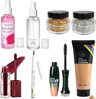 Professional 9-Piece Festive Makeup & Skincare Combo – includes Premium Rose Water, 24H Matte Gel Primer, Liquid Foundation, Gold & Silver Face Glitte