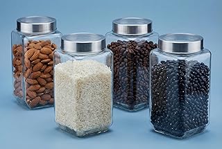 JEXE Glass Jars for Pantry Storage (Set of 4) 1000ml Each – 1kg Airtight Square Kitchen Containers | For Rice, Dal, Flour, Spices, Tea Coffee, Dry Fru