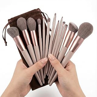 13pcs Premium Makeup Brush Set for Full Face Makeup | Soft Bristle Brown Brushes with Velvet Storage Pouch for Foundation, Powder, Blush, Eyes Brows &
