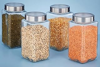 JEXE Glass Jars (Set of 4) 1kg Capacity 1000ml – Square Airtight Kitchen Glass Storage Containers | Perfect for Masala, Pickle, Snacks, Sugar, Tea Cof