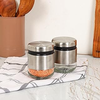 Femora Cylindrical See-Through Glass Jars with Stainless Steel Body | Airtight Storage Jars for Snacks, Dry Fruits, Masala & Cookies | 350 ML | Set of