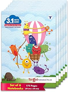 3 in 1 Notebook | Single Line Notebook Four Line Notebook Maths Square 9 MM | Soft Bound Notebook for Kids | 172 Pages 18 x 24 cm | 57 GSM | Set of 6