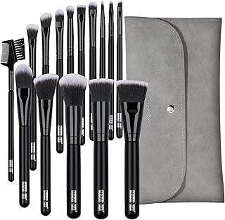 MAANGE Makeup Brushes 15 Pcs Makeup Brush Set Premium Synthetic Foundation Powder Concealers Eye shadows Blush Black Brush Set with Gray Bag