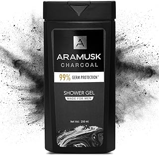 Aramusk Charcoal Shower Gel for Men, Face & Body Wash, With Activated Charcoal, Germ Protection & Deep Cleansing, 250ml