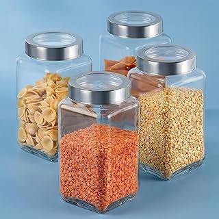 JEXE Glass Jars 1000ml (Set of 4) | 1kg Airtight Square Kitchen Storage Containers – Suitable for Dry Fruits, Masala, Pickle, Rice, Dal, Flour, Tea Co
