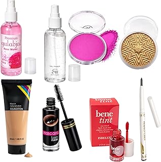 Professional 8-Piece Full Face Makeup & Skincare Combo – includes Premium Gulabjal (Rose Water), 24H Matte Gel Primer, Liquid Foundation, Gold Shimmer