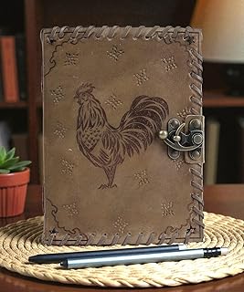 Owl Vintage Leather Diary Notebook with Lock Closure | Rooster Design Handcrafted Journal | Thick Plain Pages for Writing, Sketching & Notes | Rustic