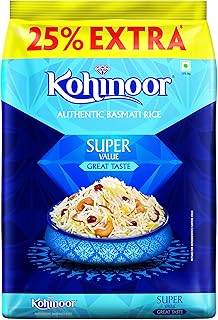 Kohinoor Super Value Basmati Rice, 1.25 Kg (25% Extra)| Authentic Long-Grain Basmati Rice (Up to 20 mm) | Aromatic, Flavorful I Ideal for Pulao & Plai
