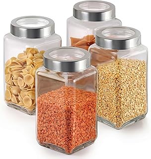 JEXE Glass Jars for Kitchen (Set of 4) 1kg 1000ml – Square Airtight Glass Storage Containers | Ideal for Rice, Pulses, Masala, Snacks, Cookies, Pickle