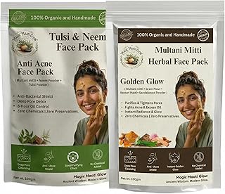 Herbal Multani Mitti & Neem Tulsi Face Pack Combo (2 x 100g) – Natural Anti-Acne & Deep Pore Cleansing Kit – Organic Fuller's Earth & Detoxifying Neem