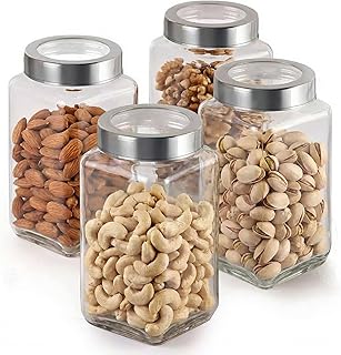 JEXE Glass Jars for Pantry (Set of 4) 1000ml Each – 1kg Airtight Square Kitchen Glass Storage | For Rice, Dal, Flour, Masala, Dry Fruits, Snacks, Tea