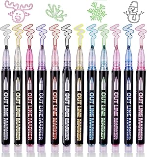 URM Enterprises Double Line Outline Markers Pens, 12 Colors Self-Outline Metallic Markers Glitter Writing Drawing Pens for Card Making Drawing, DIY Cr