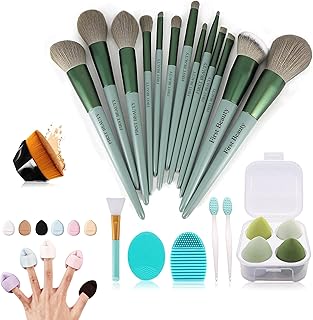 13 Pcs Green Beauty Makeup Brush Set with Blender Sponges Box & Cleaning Tools + Blush Brush & 6 Pcs powder puff | Professional Soft Synthetic Brushes