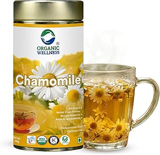 Organic Wellness Chamomile Herbal Tea | 100g Tin | Natural Blossom Chamomile | Caffeine Free Calming Tea | Stress Relief and Anxiety Support | Sleep A