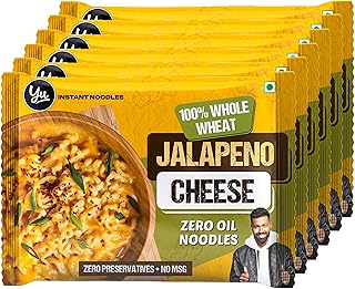 Yu Foodlabs 100% Whole Wheat Jalapeno Cheese Instant Noodles - Pack of 6 - Zero Preservatives Zero Oil Zero Maida & Zero MSG - Atta Noodles Ready in 6