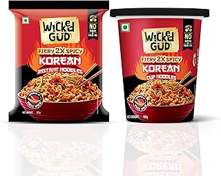 WickedGud Fiery 2X Spicy Korean Noodles | Instant Pack and Cup Combo Pack of 2 | Whole Wheat | No Maida | No Palm Oil | Vegetarian | 67g & 69g