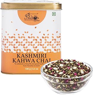 The Indian Chai - Kashmiri Kahwa Green Tea 100g with Almonds, Cardamom, Clove, Cinnamon, Ginger, Rose Petal & Saffron for Digestion, Metabolism, Stres
