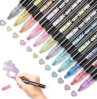 YBN Outline Pen, Self-Outline Metallic Markers, 12 Colors Sparkle Glitter Pens Chisel for Card Making, Scrapbooking, Drawing, DIY Art Crafts, Kids, Ad