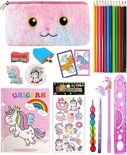 Combo of Unicorn Stationery Gift Set for Kids Unicorn Fur Pencil Pouch Pencil Case for Kids 14 Pcs School Combo Kit Fur Pencil Box with Colors, Diary,