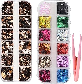 LOBE MIRACLE Butterfly Nail Art Combo Set, 12 Colour Holographic Sequin Glitter Flakes, 3D Resin Charms, Hearts, Stars, Flowers, Black and Gold, DIY C