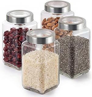 JEXE Glass Jars (Set of 4) 1000ml Each – 1kg Square Airtight Kitchen Glass Storage Containers | Perfect for Spices, Masala, Pickle, Dry Fruits, Tea Co