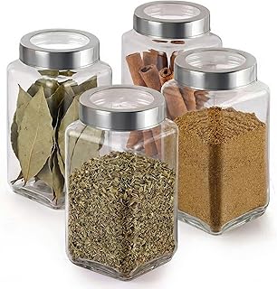 JEXE Glass Jars 1000ml Each (Set of 4) – 1kg Square Airtight Kitchen Storage Containers | Ideal for Tea Coffee, Pickle, Pulses, Masala, Snacks, Sugar