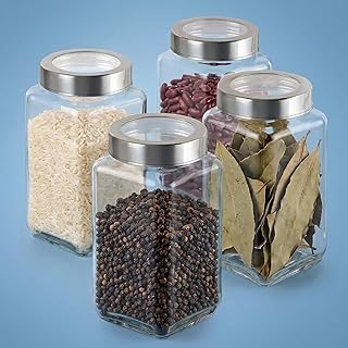 JEXE Glass Jars for Kitchen Storage (Set of 4) 1kg 1000ml – Square Airtight Glass Containers | Perfect for Spices, Pulses, Cookies, Snacks, Pickles, T